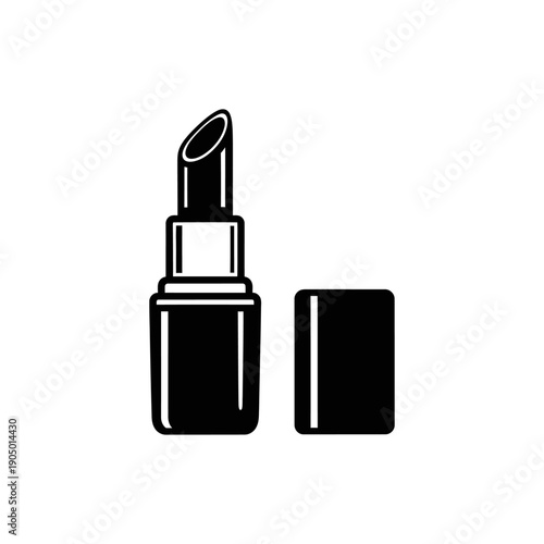 an elegant black and white graphic icon of an opened lipstick with its cap removed showcasing beauty makeup cosmetics and personal care products.