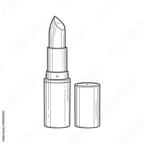 an open lipstick tube with an extended bullet and detached cap a detailed black and white outline drawing for cosmetic product design