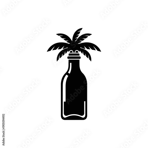 black and white minimalist palm tree in a bottle icon symbolizing tropical beverages summer vacation and exotic drink menus.