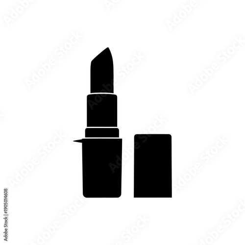 black lipstick icon open with extended cosmetic stick and separate cap clean graphic for beauty product branding.