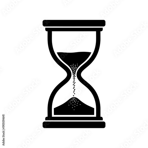 black minimalist hourglass icon with sand falling symbolizing the passage of time countdown and urgent deadlines on a clear white background