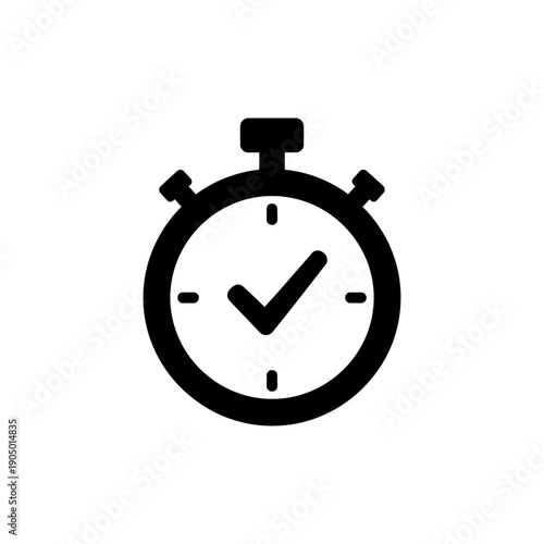 black stopwatch icon with a prominent checkmark signifying successful task completion efficient time management and quick service delivery.