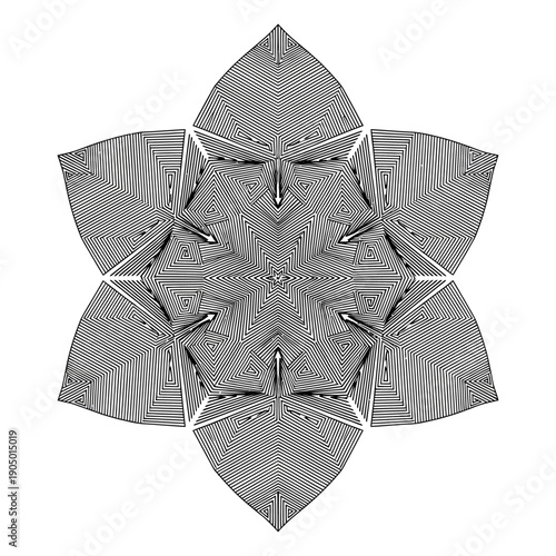 mesmerizing black and white optical art pattern geometric spiraling lines forming a symmetrical star ideal for digital use