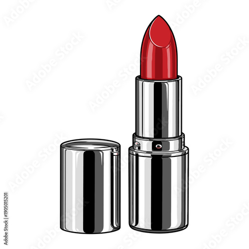 open red lipstick a vibrant cosmetic product with its silver cap alongside an elegant illustration for beauty and makeup branding.