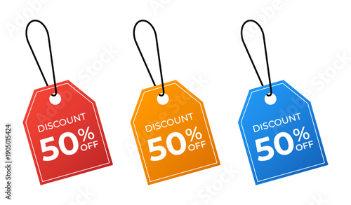 Special discount price tags with 50 percent off offer for retail sale and marketing