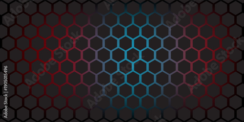 Abstract dark hexagon pattern on red neon background technology style. Modern futuristic geometric shape web banner design. You can use for cover template, poster, flyer, print ad. Vector illustration