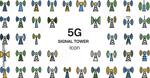 5G Signal Tower and Telecommunication Icon Set, Flat Vector Mobile Network Symbols, Isolated Art