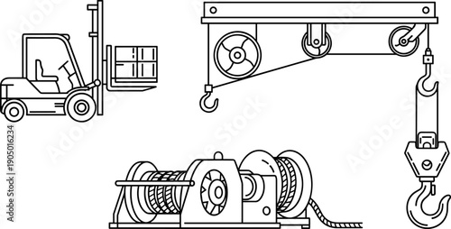 Industrial Lifting Equipment Set, Forklift, Crane, and Winch Line Art Vector Illustration