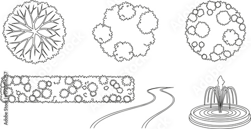 Landscape Architecture Plan Elements with Trees, Hedge, Path, and Fountain Flat Vector Illustration