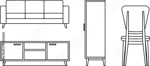 Mid-Century Modern Furniture Set with Sofa, Sideboard and Cabinet Flat Vector Illustration