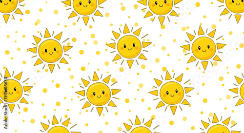 Bright smiling suns and dots pattern in a vibrant yellow design, viewed from directly above, featuring happy faces and abstract shapes