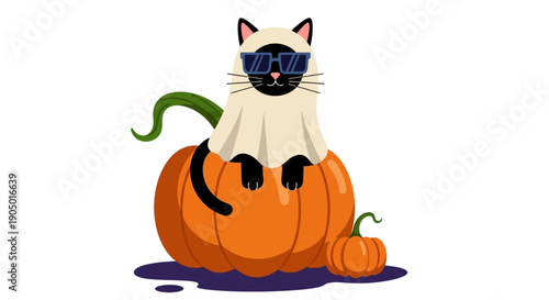 A cartoon cat in a ghost costume sitting on a pumpkin in a Halloween scene from a front viewpoint.