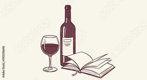 An illustration of a wine glass, bottle, and open book on a table, viewed from the side in a relaxed environment