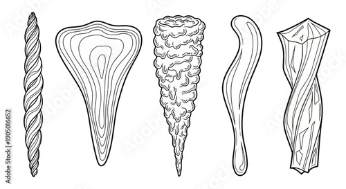 Illustrations of various textured shapes and forms displayed in a linear arrangement, showcasing diverse patterns and styles.