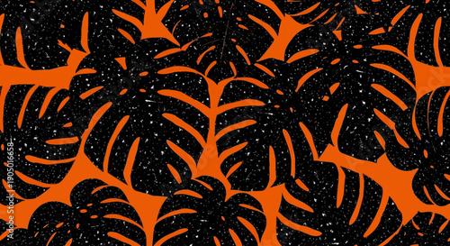 A vibrant orange background with black tropical leaves pattern, illustration of nature, close-up view