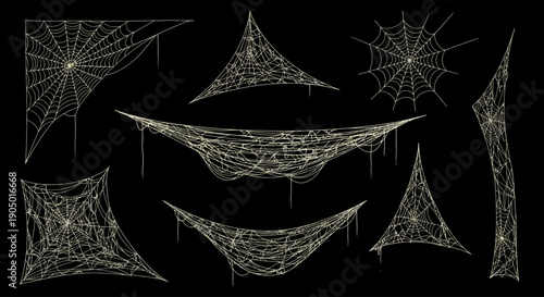 Intricate spider webs collection on black background, varying shapes, detailed illustration, eerie atmosphere, abstract design