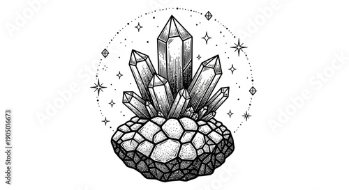 Illustration of crystals and stones surrounded by magical stars in a mystical environment viewed from the front