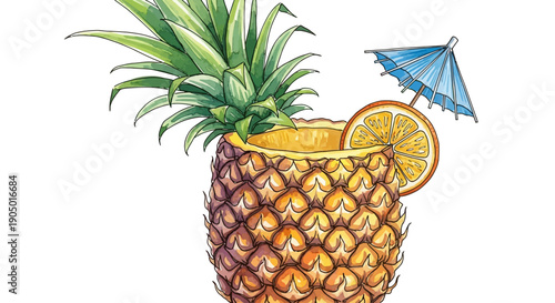 Pineapple cocktail with orange slice and umbrella on a transparent background