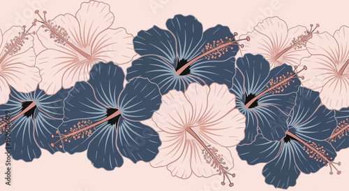 A digital illustration of blue and pink hibiscus flowers arranged in a floral pattern on a soft pink background from a direct viewpoint