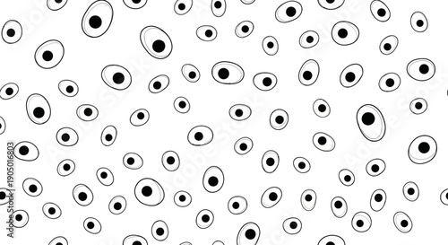 A collection of black and white eyes scattered randomly across the image, creating a visually striking pattern from a straightforward viewpoint