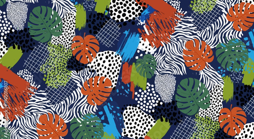 Vibrant tropical leaves pattern with diverse shapes and colors in an abstract illustration