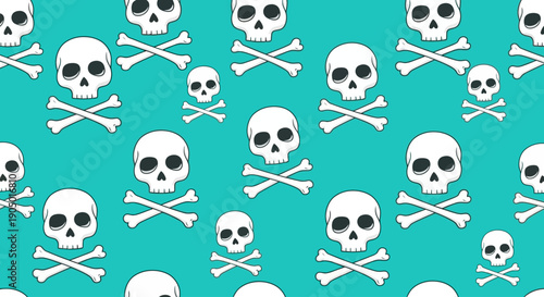 Skulls and crossbones pattern on a vibrant background viewed from directly above with scattered bones