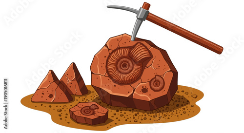 An archaeologist uncovers a fossilized ammonite shell with a geological hammer in a muddy excavation site.
