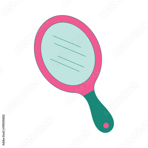Handheld oval vanity mirror with pink frame and teal handle shown.
