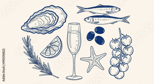Illustration of seafood, champagne, and fruits in blue tone, showcasing various delicacies and luxury items from a top-down viewpoint.