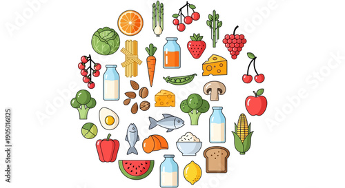 Assorted food items arranged in a circular pattern on a clean background viewed from directly above