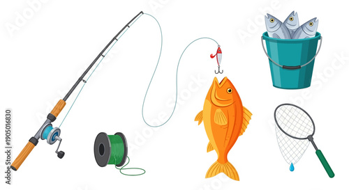 Fishing gear and a caught fish displayed together with a net and tackle on a clean background