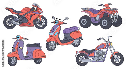 Collection of various motor vehicles including motorcycles and scooters displayed from different viewpoints