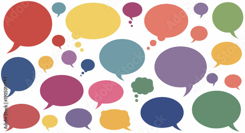 Vibrant speech bubbles in various colors and sizes scattered randomly on a clean white background, conveying a sense of lively discussion and diverse communication