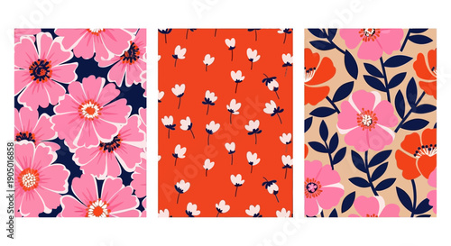 Vibrant floral patterns showcasing diverse flowers and leaves in a triptych of designs