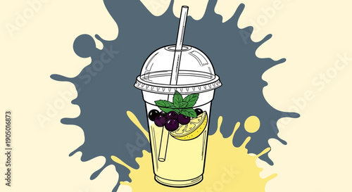 A refreshing drink with lemon, mint, and berries in a plastic cup with a straw, set against a colorful splattered background, viewed from the front.