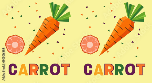 Vibrant cartoon carrots with green tops and sliced carrot illustration on a bright background viewed from directly above