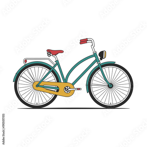Retro cruiser bicycle illustration features bright colors on a white.