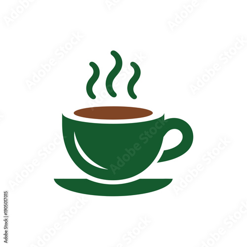 Hot beverage icon shows steam rising from a green coffee cup and saucer.