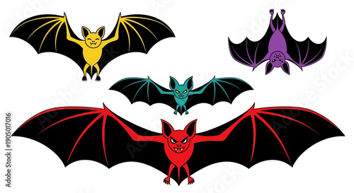 Vibrant cartoon bats flying in mid-air with diverse colors and poses