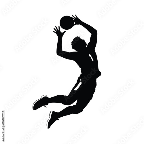 Basketball player silhouette leaps high during a dramatic jump shot.
