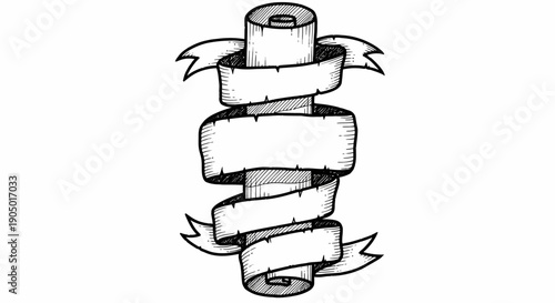 A spiral ribbon wrapped around a cylindrical object, likely a scroll or banner, in a simple line drawing style
