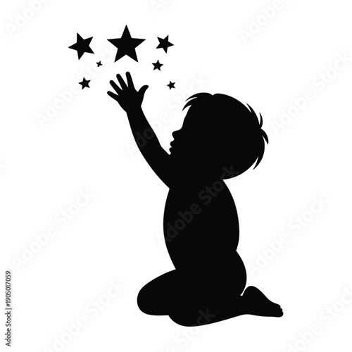 Baby silhouette reaches upward toward floating sparkling stars.