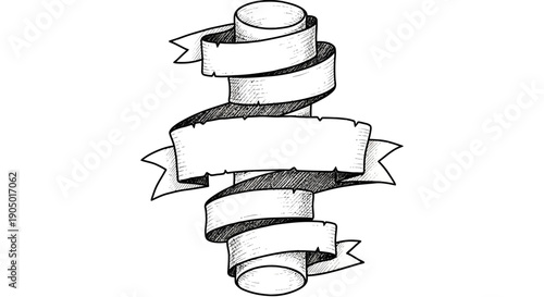 A ribbon banner wrapped around a spiral structure, an illustrative representation of a creative concept, viewed from a straightforward angle.