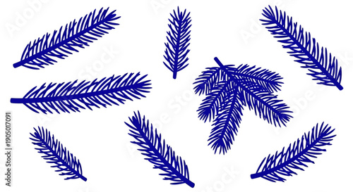 Blue sprigs arranged in a circular pattern around a central cluster on a white background, viewed from directly above, resembling a floral or botanical illustration