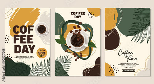 Coffee Day promotional set featuring illustrations of coffee cups and leaves in a vibrant collage on multiple posters