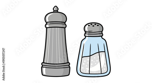 Illustration of a pepper mill and salt shaker on a plain white background from a front viewpoint with digital artwork style