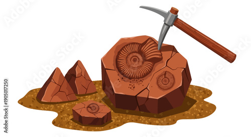 Paleontologist uncovers fossilized ammonite shell with geological hammer in rocky terrain illustration