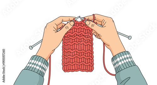 Hands engaged in knitting a red fabric with knitting needles from a top-down viewpoint