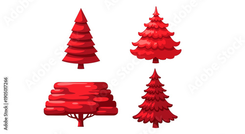 Red Christmas trees and layered tree graphic illustration viewed from the front in a clean environment