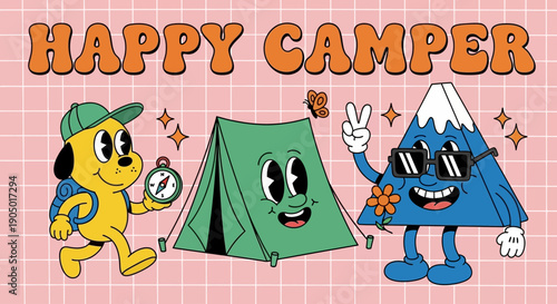 A cartoon scene of a smiling tent, a happy mountain, and a dog on a camping adventure.